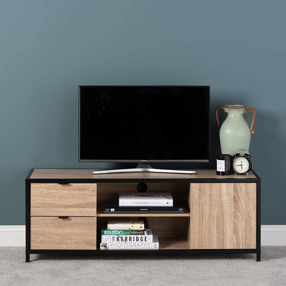 Cassis Light Oak Finish TV Stand With Matt Black Metal Frame