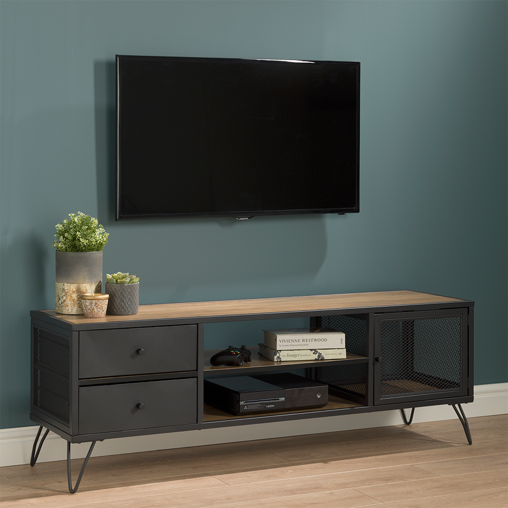 Lucca TV Stand With Contemporary Industrial Black Hairpin Legs Oak Finish